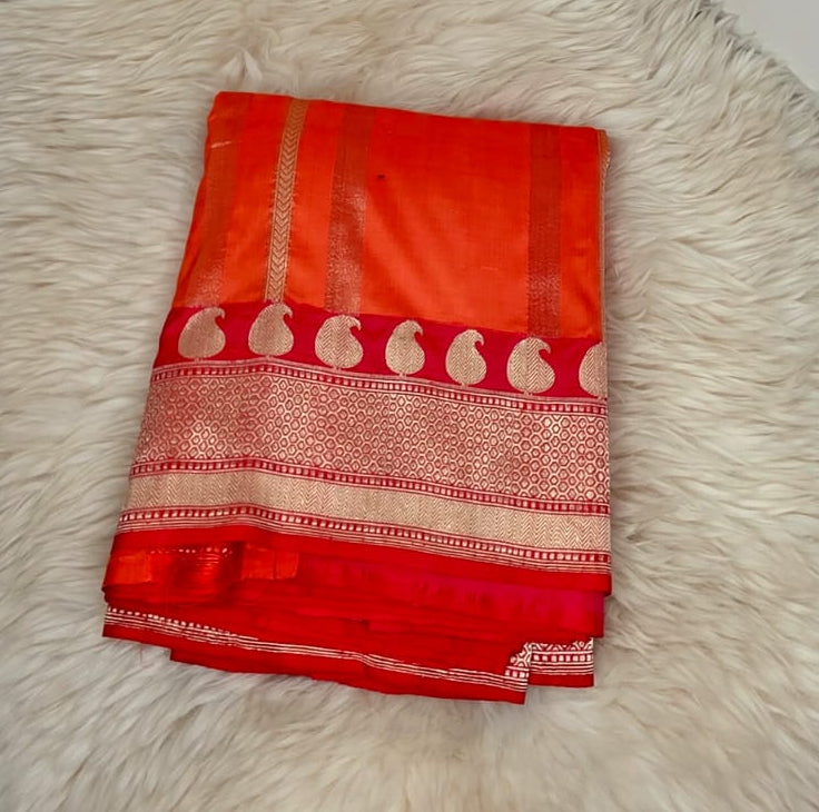 Pure Banarasi Katan Silk Saree - ORANGE & PINK