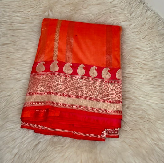 Pure Banarasi Katan Silk Saree - ORANGE & PINK