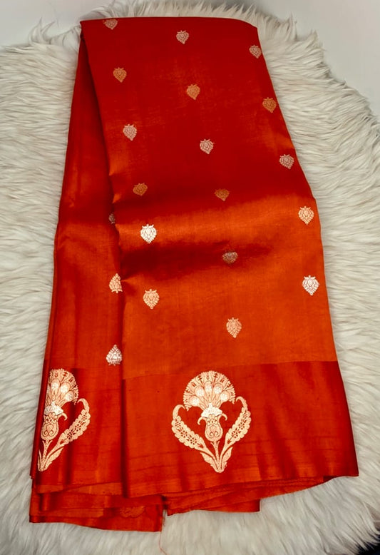 PURE RAW MANGO SILK SAREE - RUST ORANGE