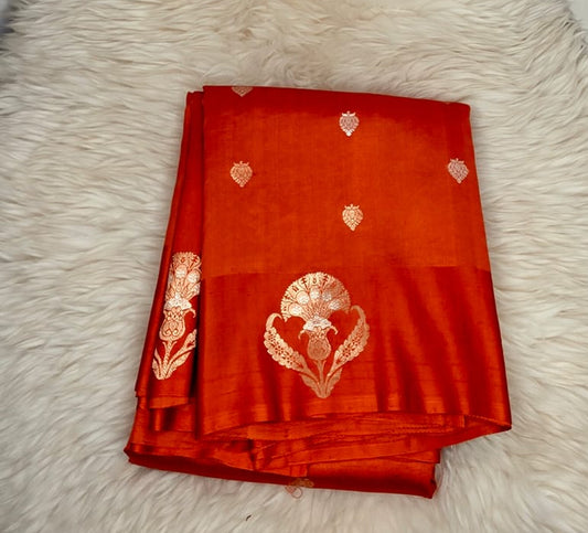 PURE RAW MANGO SILK SAREE - RUST ORANGE