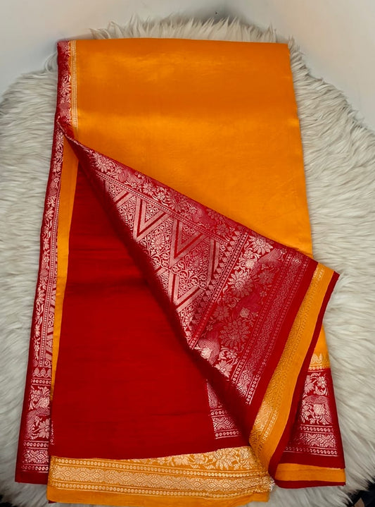 Pure Dupion Silk Saree - Yellow and Red
