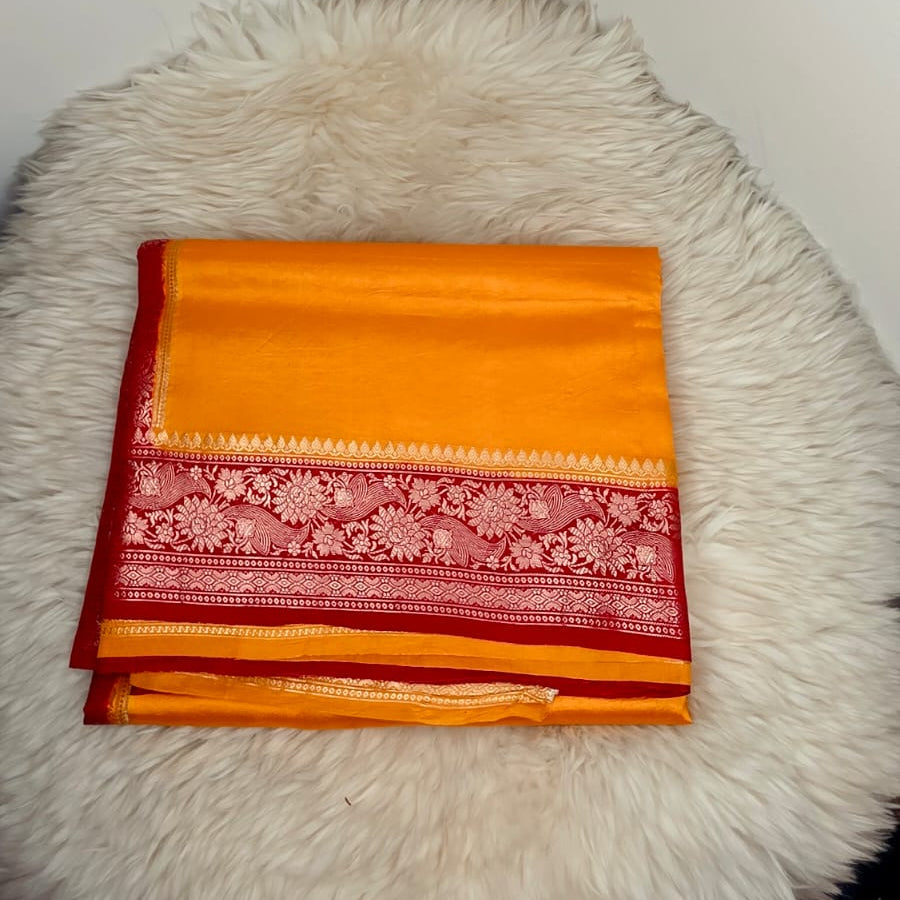Pure Dupion Silk Saree - Yellow and Red