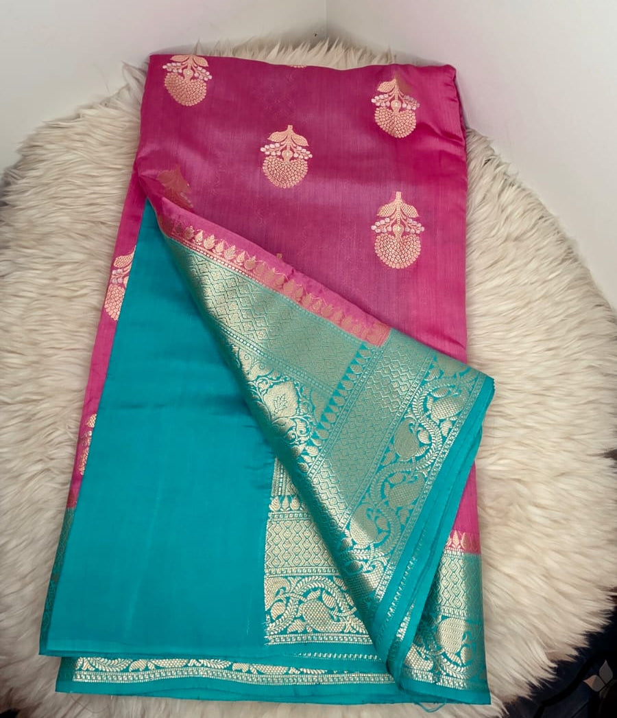Pure Chiniya Silk Saree - PINK & BLUE