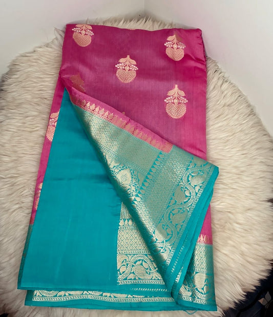 Pure Chiniya Silk Saree - PINK & BLUE
