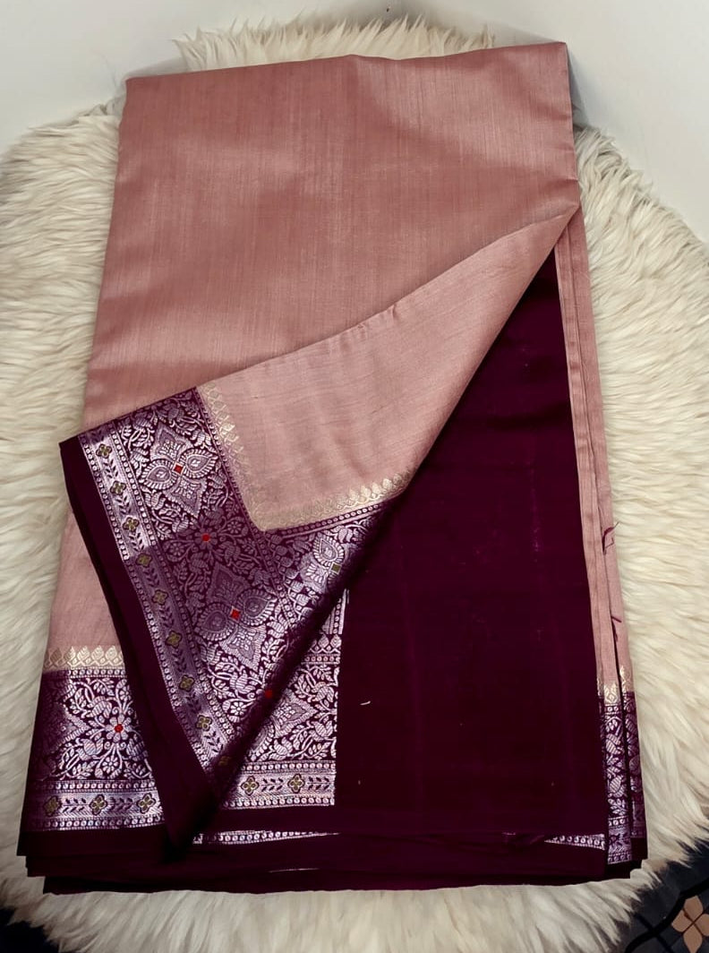 Pure Chiniya Silk Saree - ONION PINK & BROWN