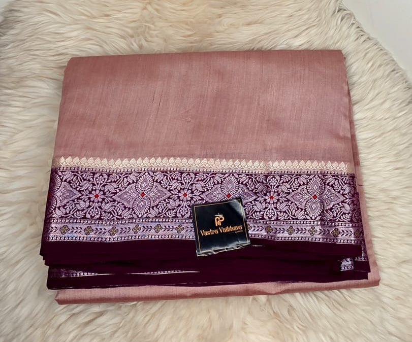Pure Chiniya Silk Saree - ONION PINK & BROWN