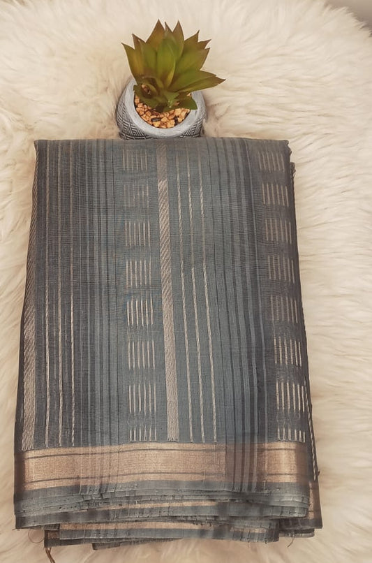 Classic Grey pure Cotton Silk Saree with Subtle Stripes