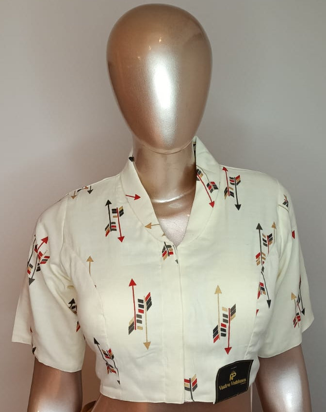 Cotton Printed Blouse- Cream