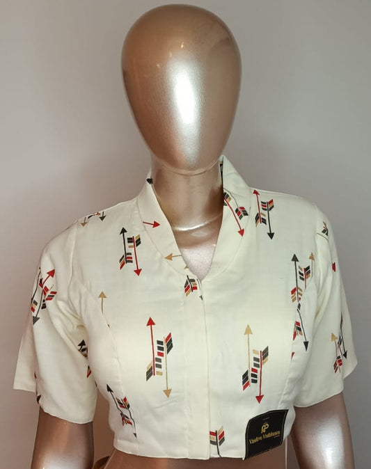 Cotton Printed Blouse- Cream