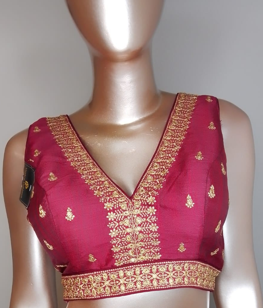 Raw Silk Thread Work V-Neck Blouse