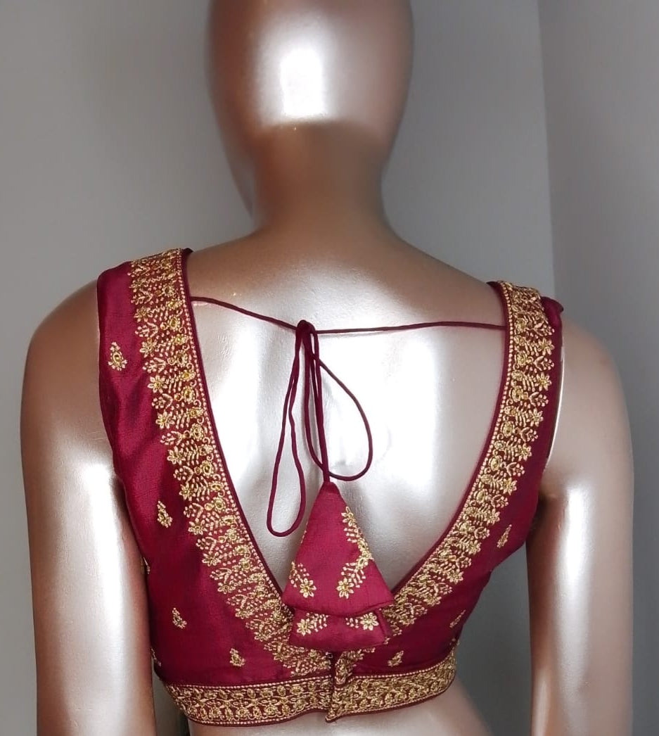 Raw Silk Thread Work V-Neck Blouse