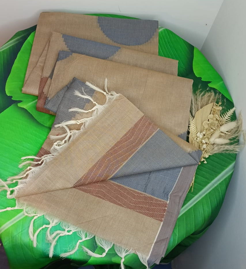 Classic Beige Pure Cotton Weaves Saree (120/100 Count)