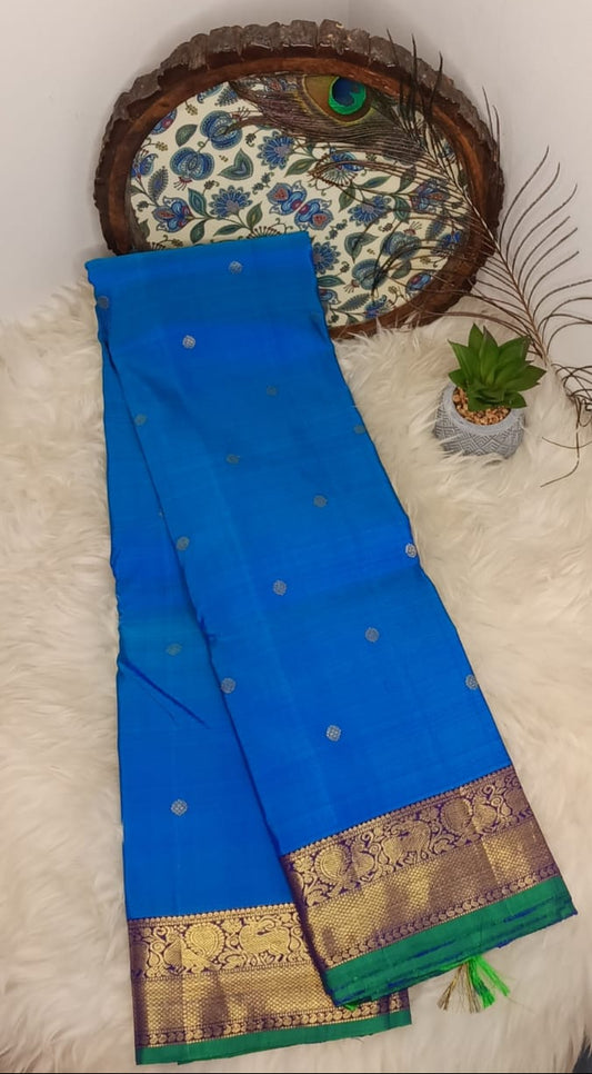 Pure Kanchipuram Silk Saree – Peacock Blue with Rich Maroon & Gold