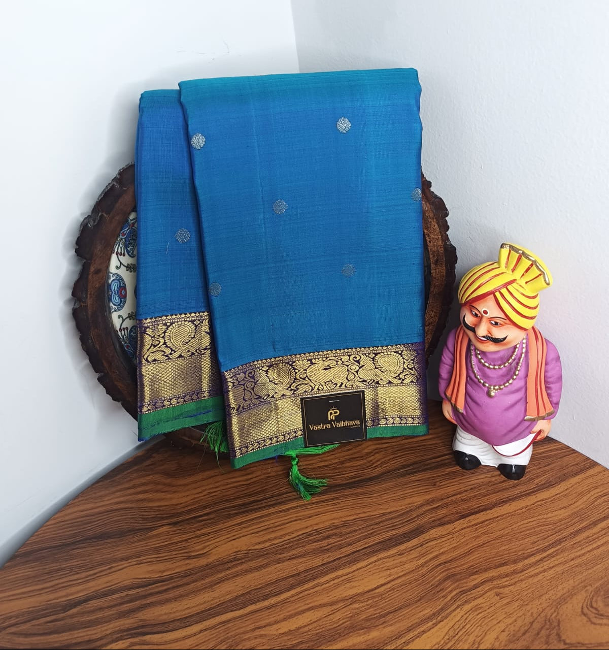 Pure Kanchipuram Silk Saree – Peacock Blue with Rich Maroon & Gold