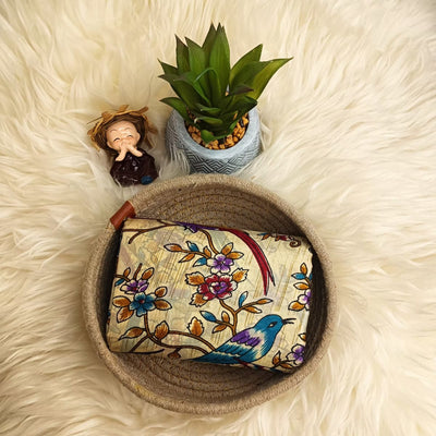 Bird Print Banana Stem Saree – Matchbox Size Folding (No Blouse)