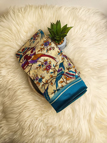 Bird Print Banana Stem Saree – Matchbox Size Folding (No Blouse)