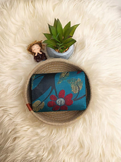 Teal Floral Banana Stem Saree – Matchbox Size Folding (No Blouse)