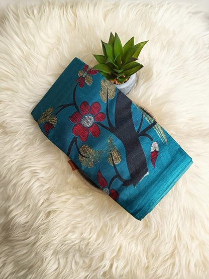 Teal Floral Banana Stem Saree – Matchbox Size Folding (No Blouse)