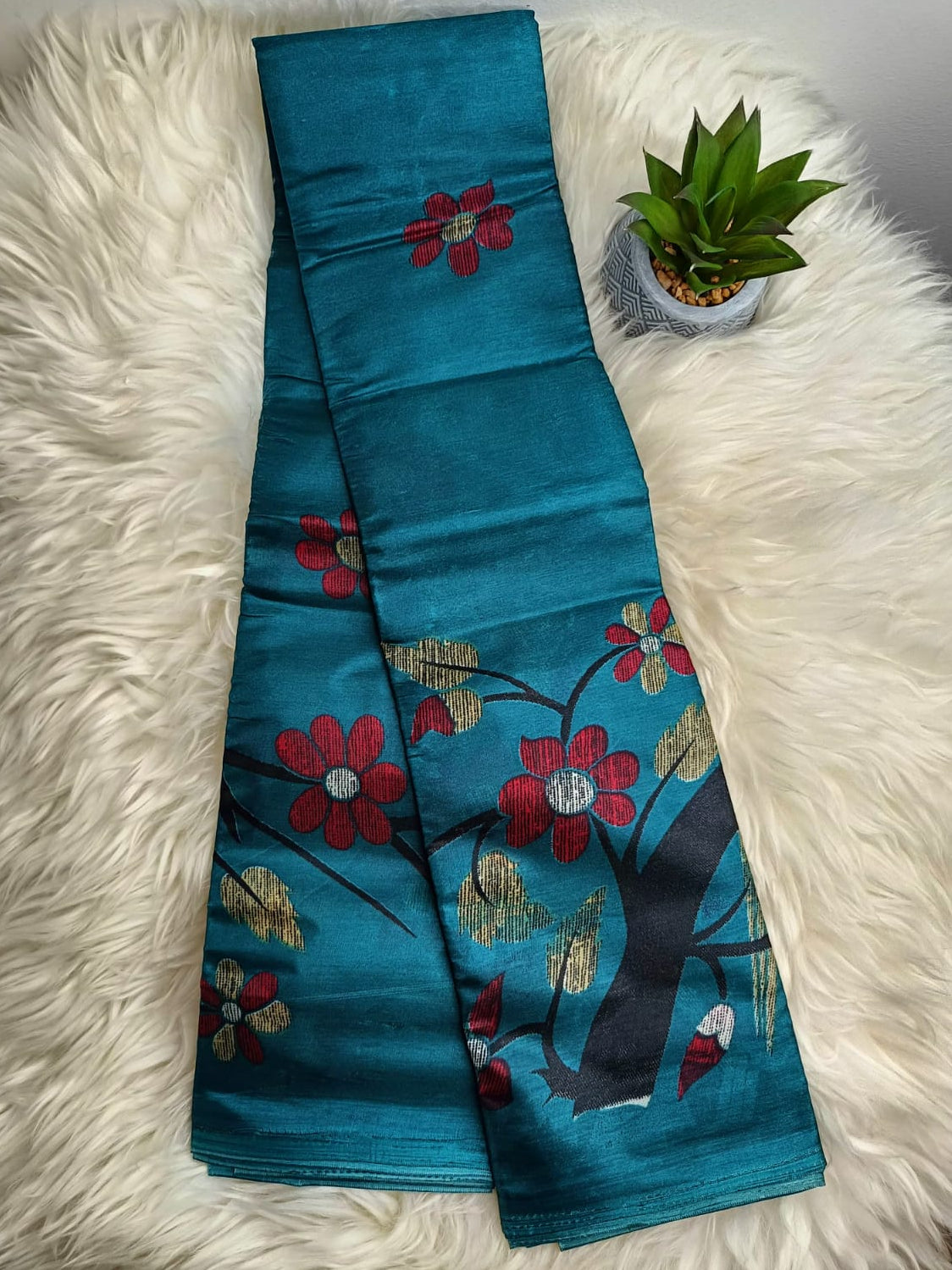 Teal Floral Banana Stem Saree – Matchbox Size Folding (No Blouse)