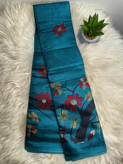 Teal Floral Banana Stem Saree – Matchbox Size Folding (No Blouse)