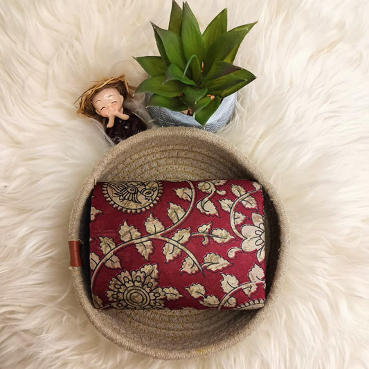 Maroon Kalamkari Style Banana Stem Saree – Matchbox Size Folding (No Blouse)