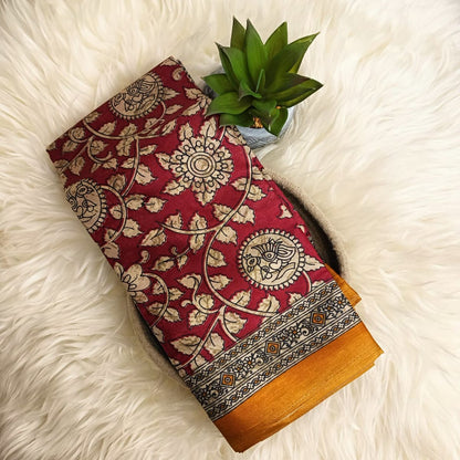 Maroon Kalamkari Style Banana Stem Saree – Matchbox Size Folding (No Blouse)
