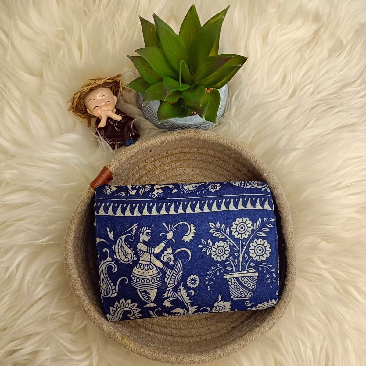 Royal Blue Traditional Print Banana Stem Saree – Matchbox Size Folding (No Blouse)