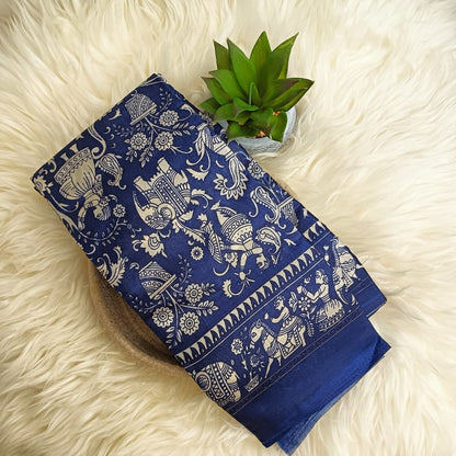 Royal Blue Traditional Print Banana Stem Saree – Matchbox Size Folding (No Blouse)