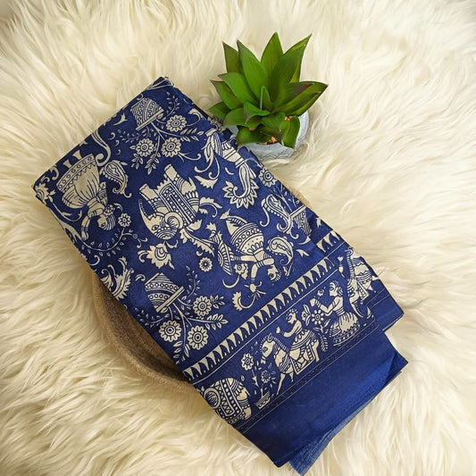 Royal Blue Traditional Print Banana Stem Saree – Matchbox Size Folding (No Blouse)