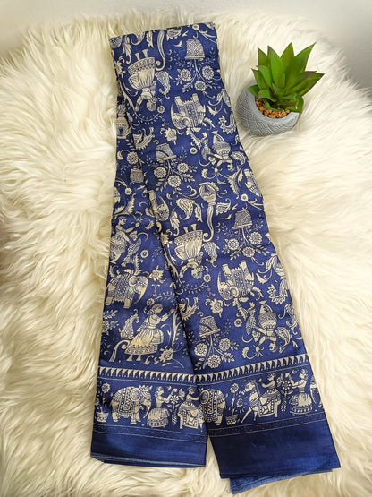 Royal Blue Traditional Print Banana Stem Saree – Matchbox Size Folding (No Blouse)