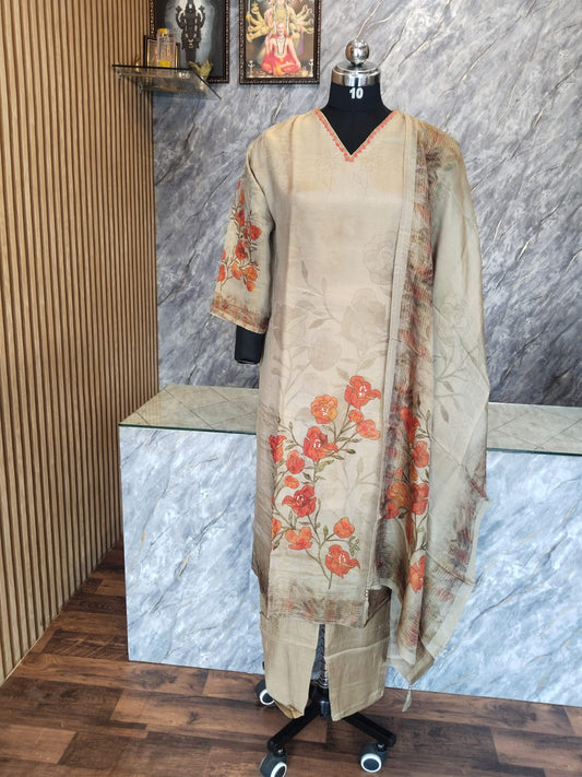 Mixed Silk floral print with Embroidery