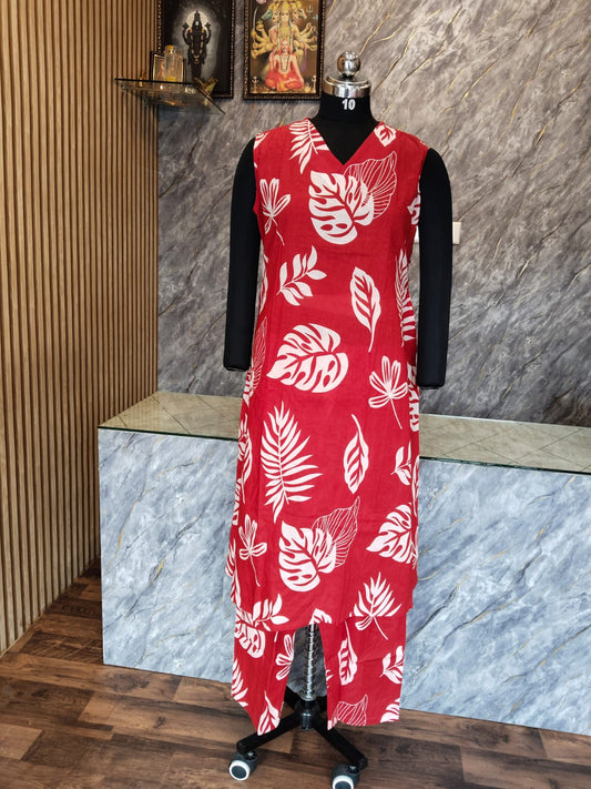 Cotton floral print A line Kurta Red