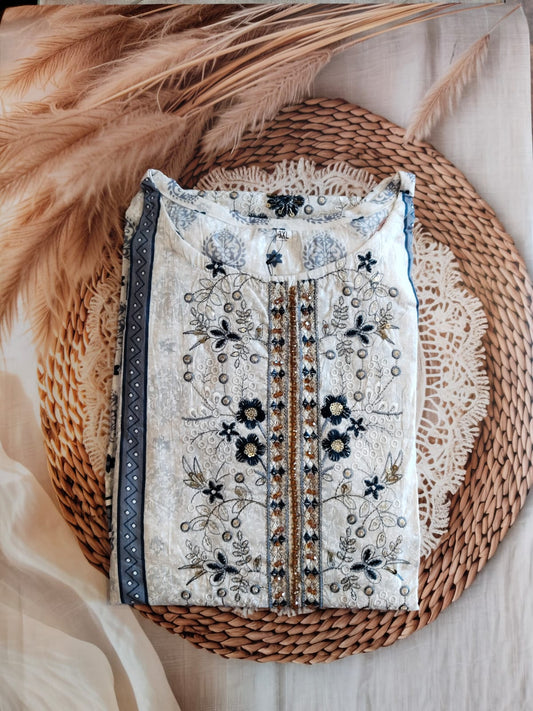 White cotton embroidery work with chumki work