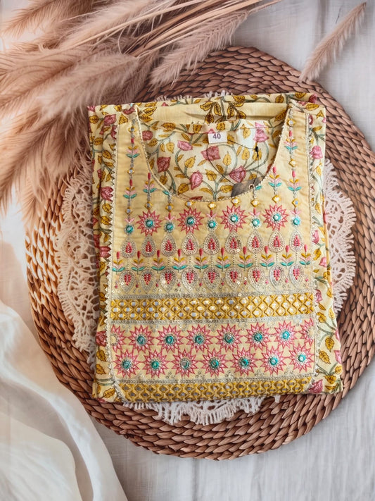 Cotton Floral Print and Embroidery Yellow