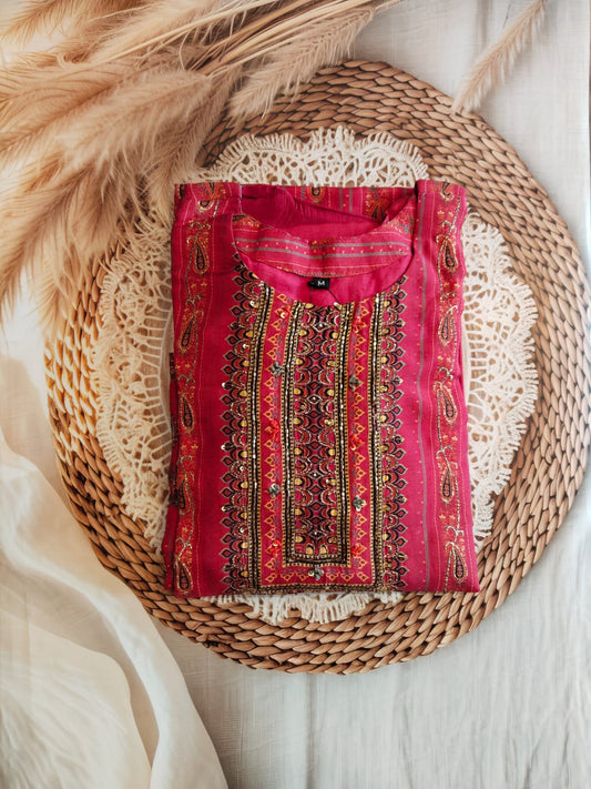 Mixed Cotton 3PC Kurta Set with Semi-Hand Work (Soft Material)