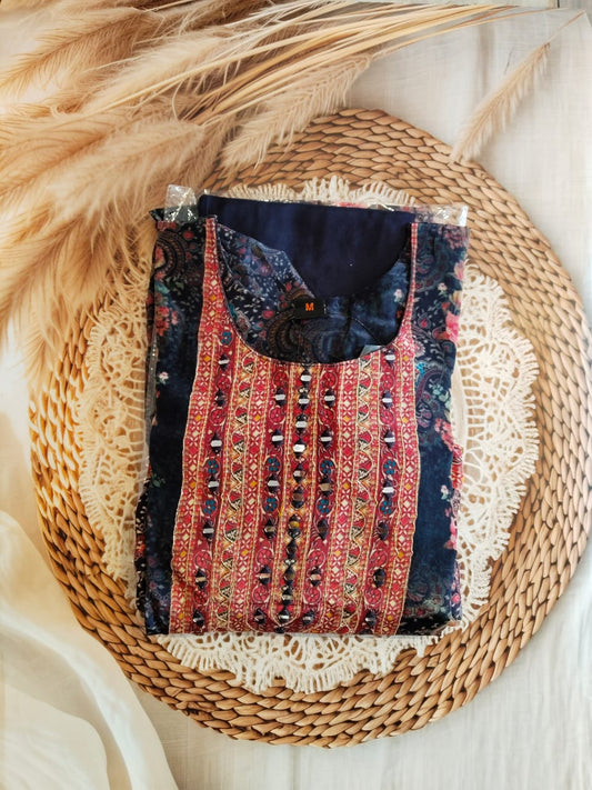 Crepe silk Black with floral print mirror work