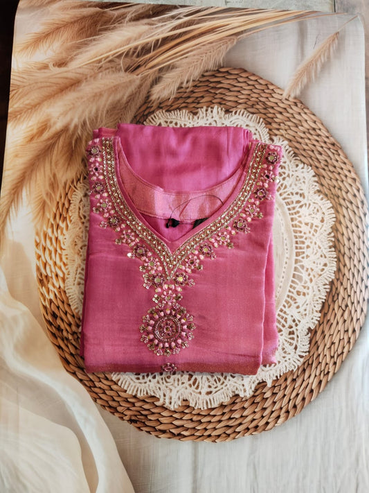 Silk Blend Kurta Set – Hand Work | Party Wear (Pink)