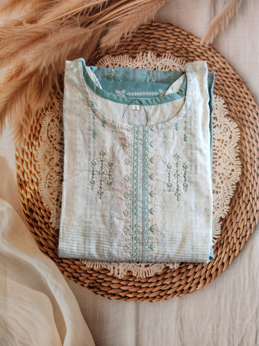 Cotton White and light Rama Green with Embroidery  work