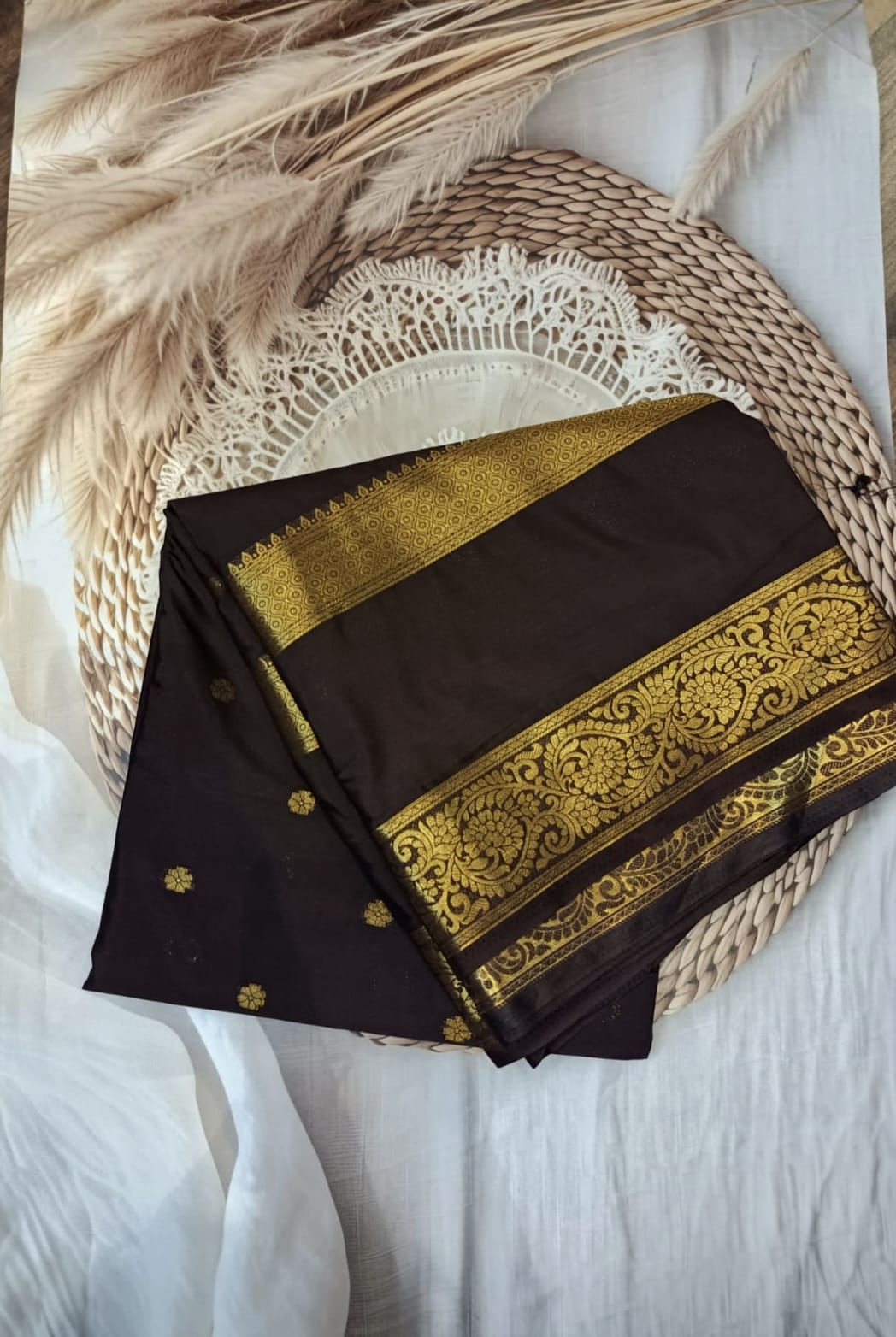 Semi Crepe Silk Bentex Border Butta Saree (BROWN)