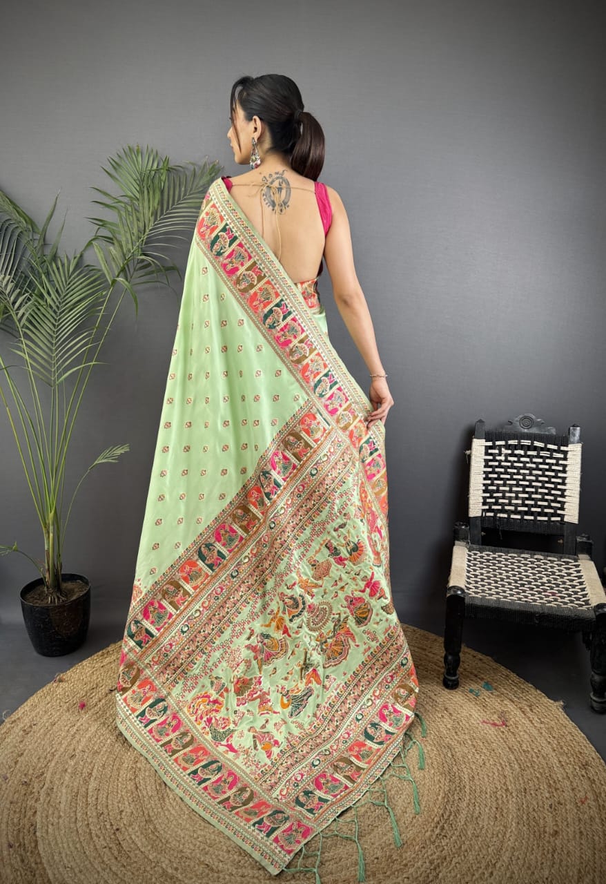 Pashmina Silk Saree with Meenakari Weaving/Pista Green