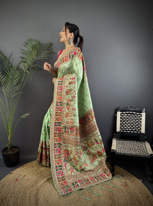 Pashmina Silk Saree with Meenakari Weaving/Pista Green