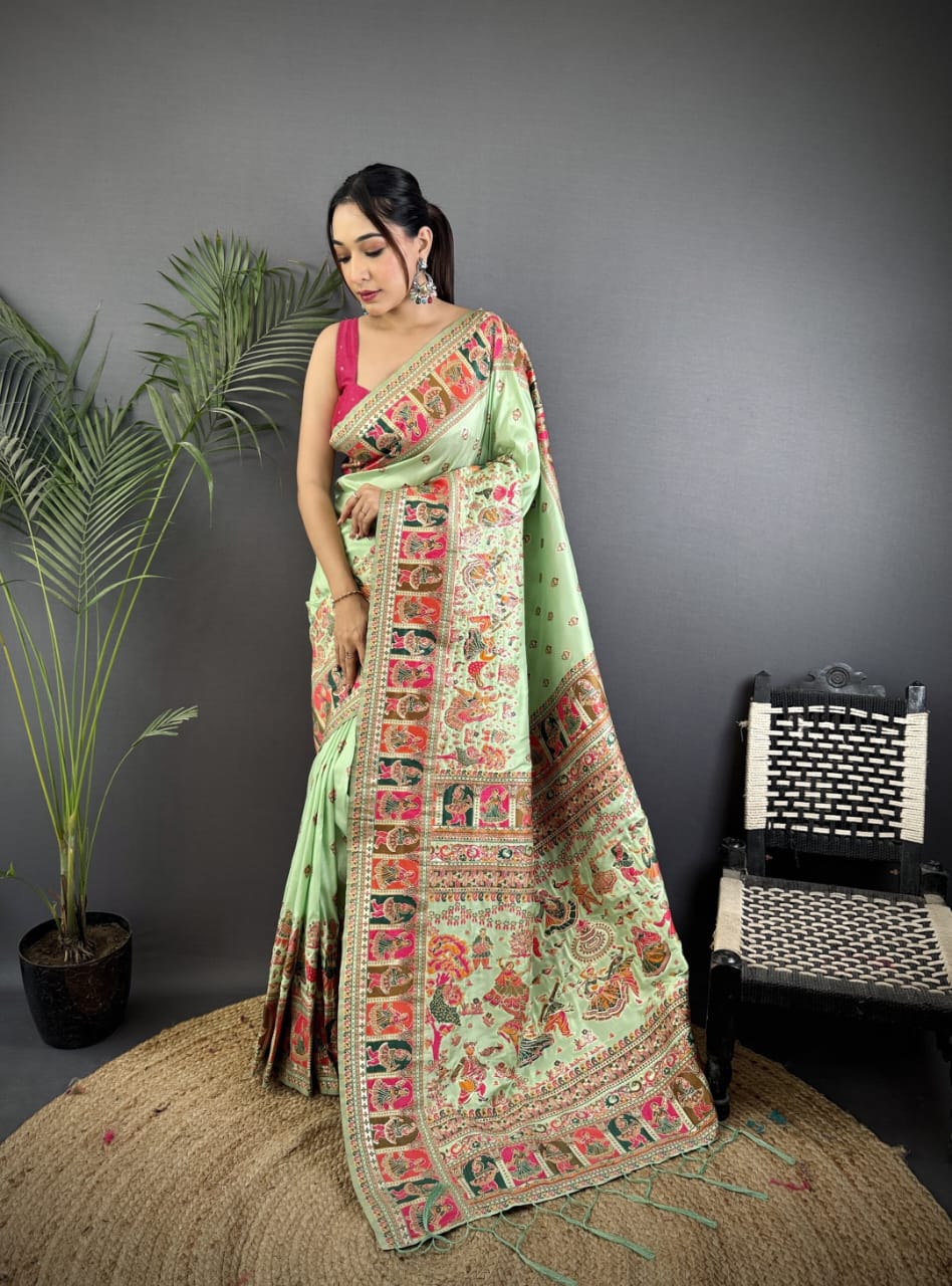 Pashmina Silk Saree with Meenakari Weaving/Pista Green