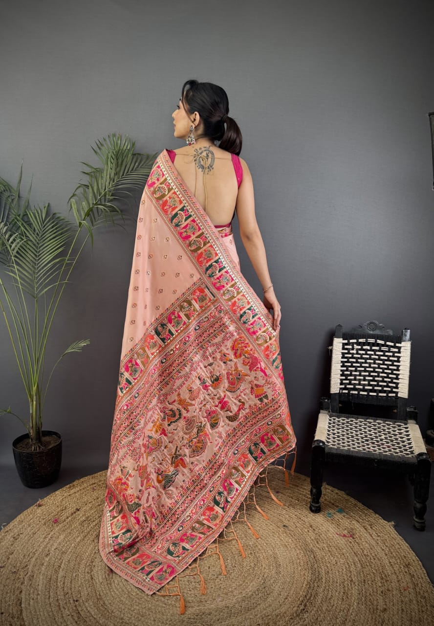 Pashmina Silk Saree with Meenakari Weaving/Peach