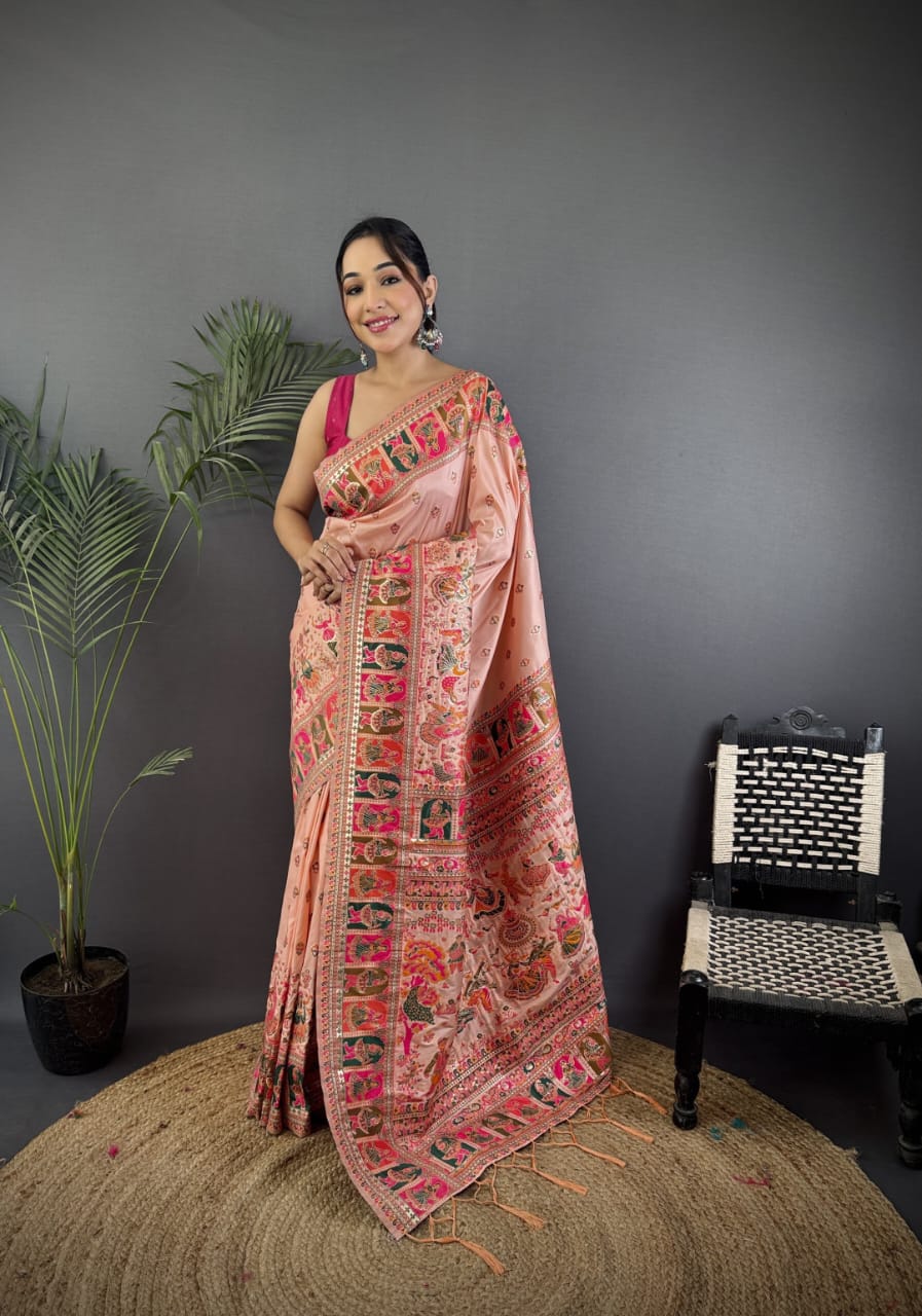 Pashmina Silk Saree with Meenakari Weaving/Peach
