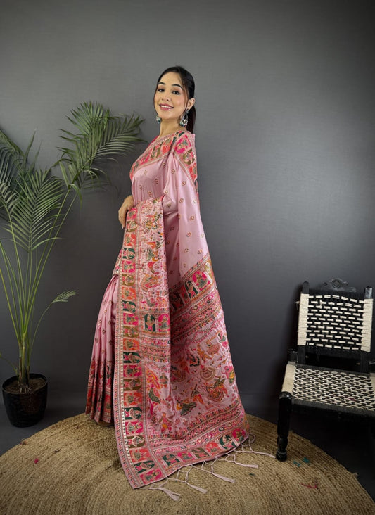 Pashmina Silk Saree with Meenakari Weaving/Baby Pink