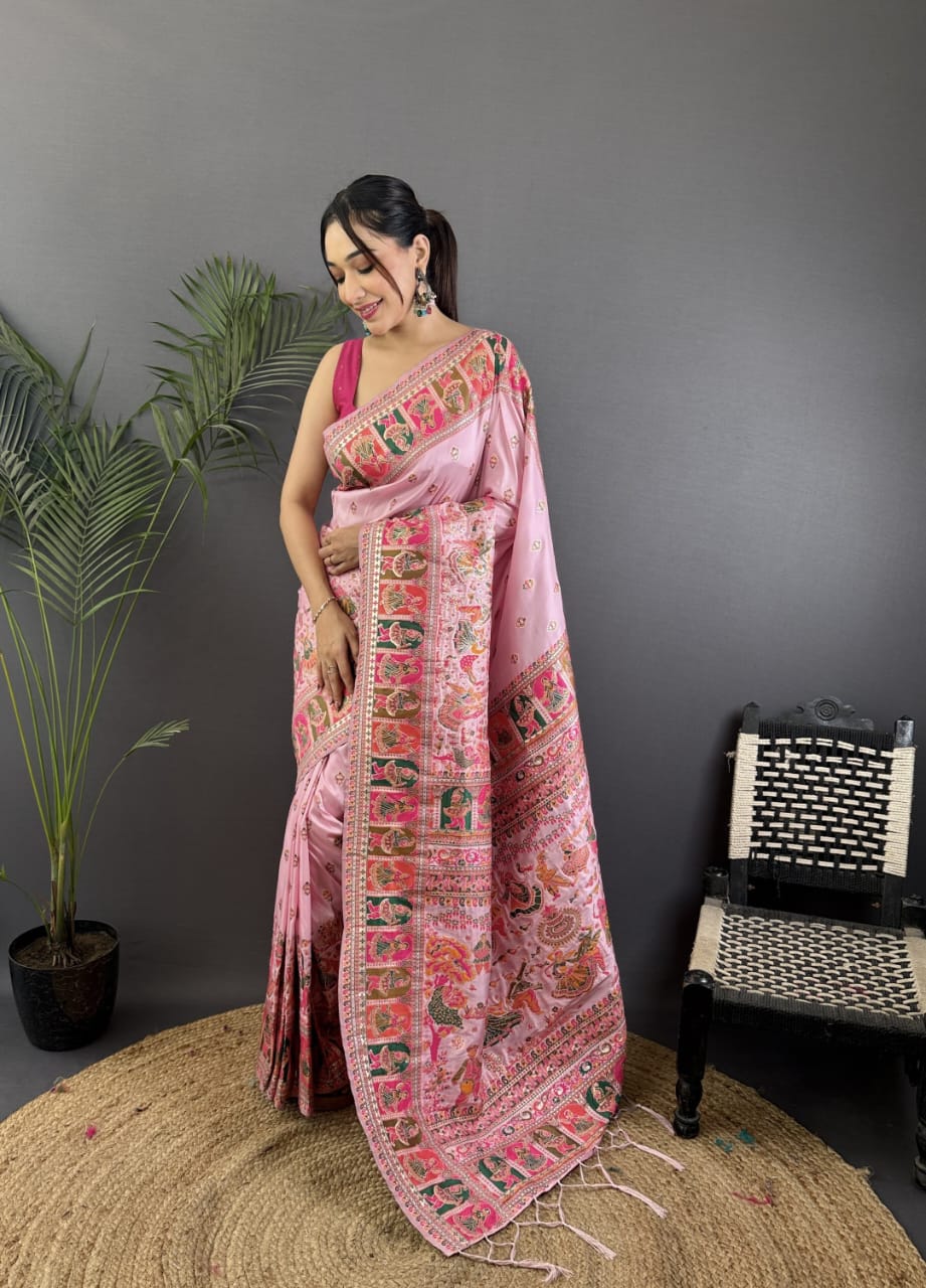Pashmina Silk Saree with Meenakari Weaving/Baby Pink