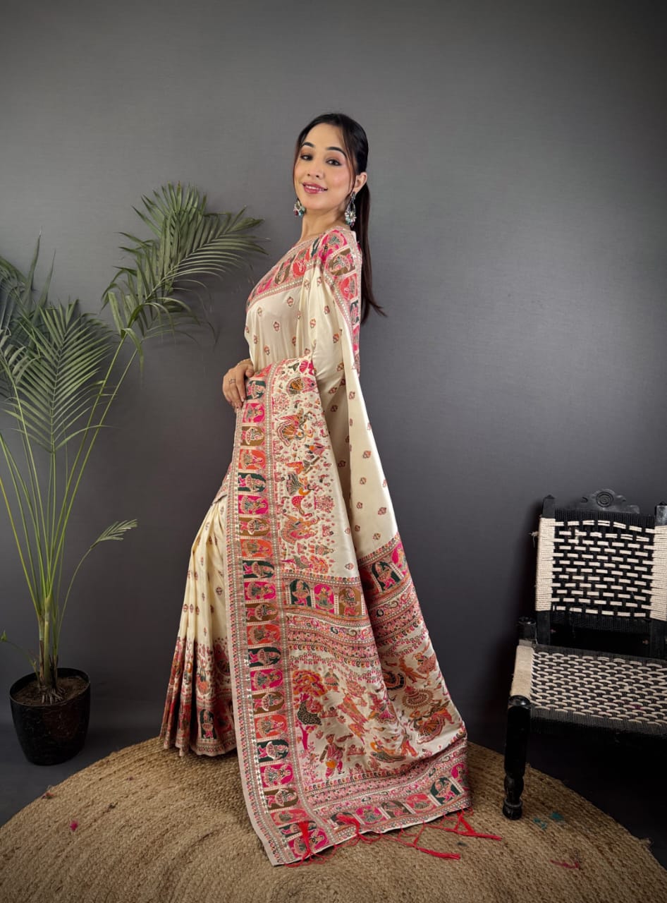 Pashmina Silk Saree with Meenakari Weaving/Off White