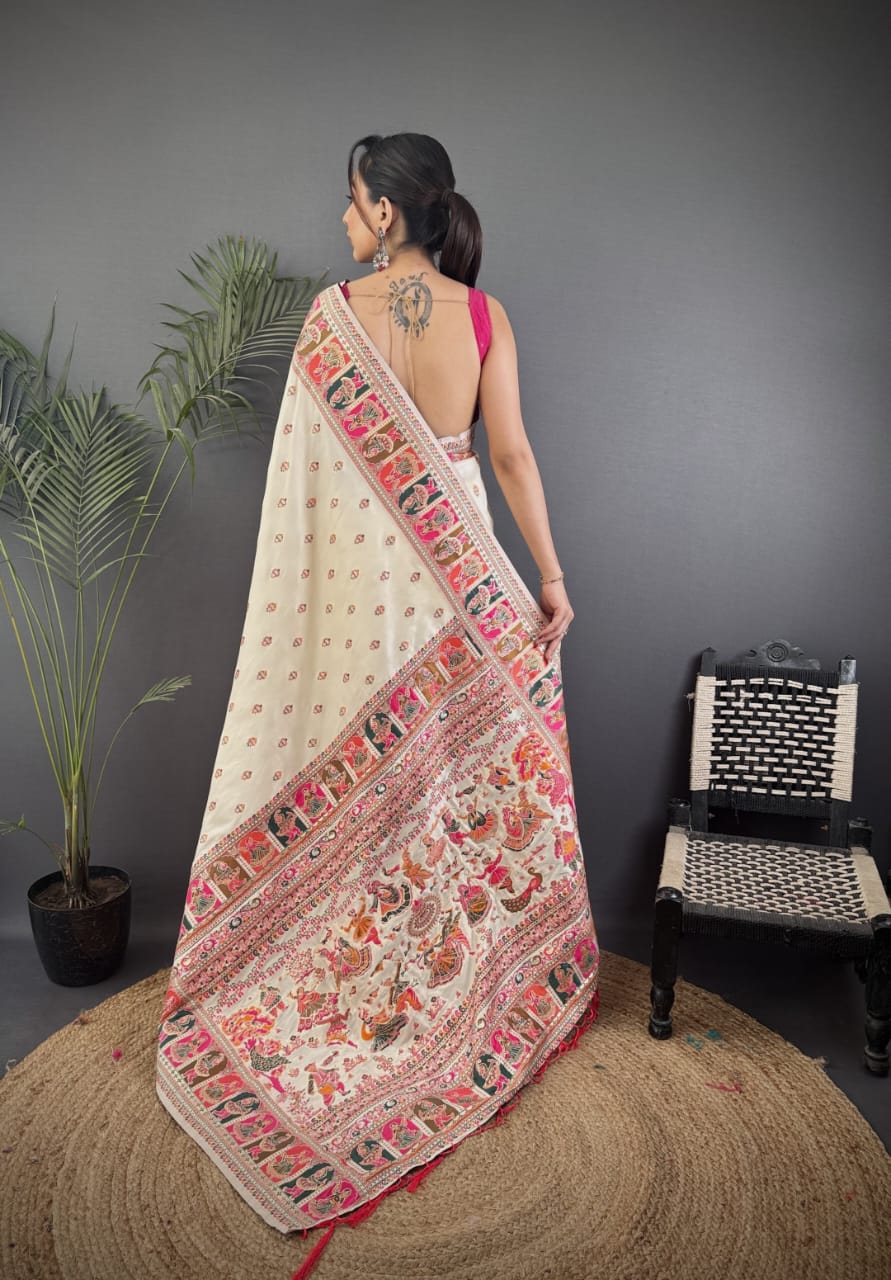Pashmina Silk Saree with Meenakari Weaving/Off White