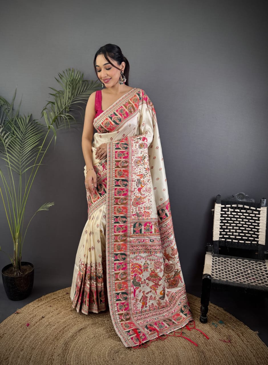 Pashmina Silk Saree with Meenakari Weaving/Off White