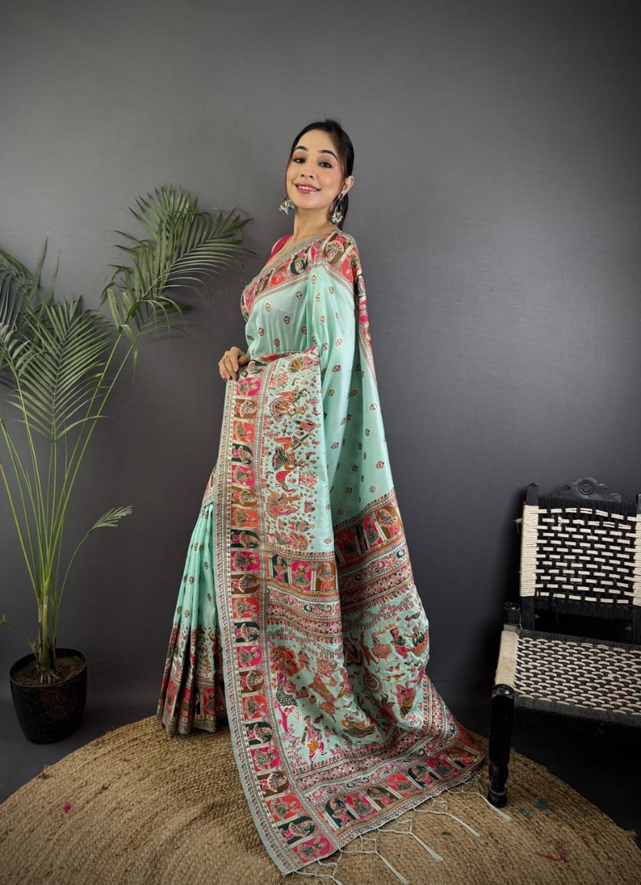 Pashmina Silk Saree with Meenakari Weaving/Sea Green